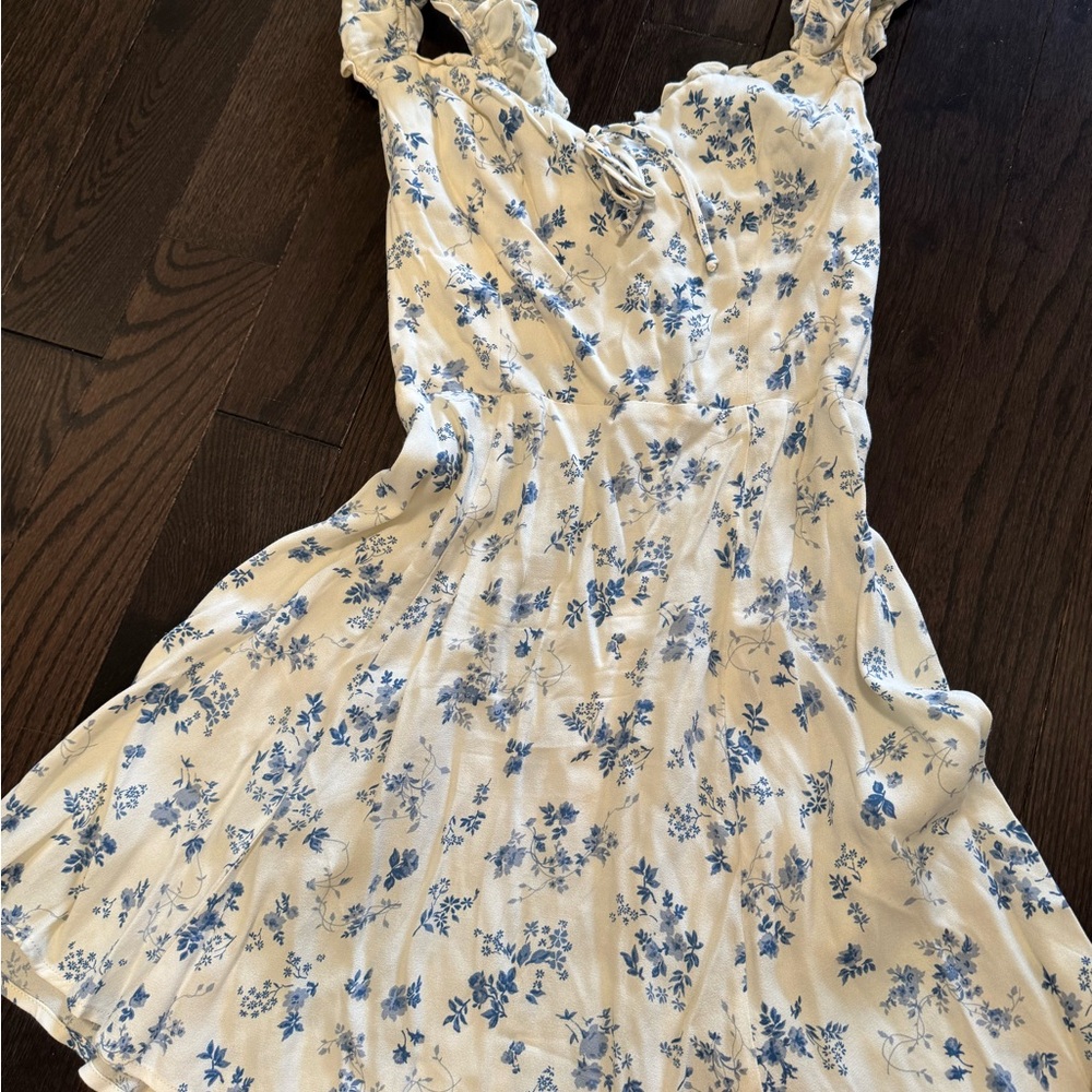 Reformation Cream Dress with Blue Floral Design